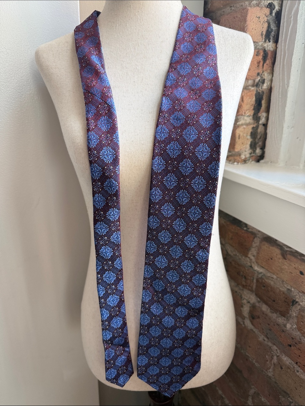 Robert Talbott Burgundy Tie with Blue Geometric Medallions